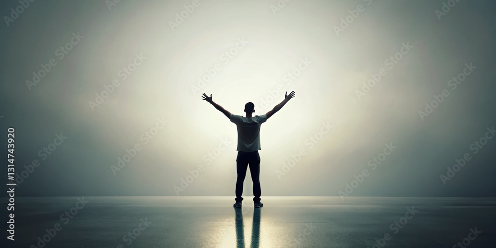 Minimalist Man Raising Arms in Celebration, Freedom, Hope Concept Minimalist Man Raising Arms in Celebration, Freedom, Hope Concept