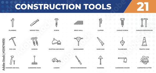 outline icons set - construction tools concept. plumbing, wedge tool and more.