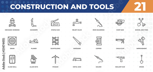 outline icons set - construction and tools concept. mechanic working, jackknife and more.