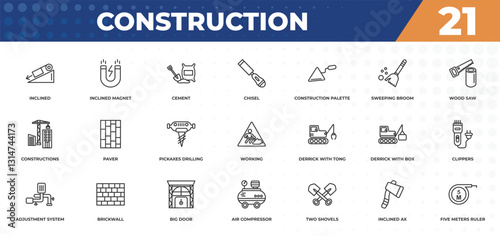 outline icons set - construction concept. inclined, inclined magnet and more.