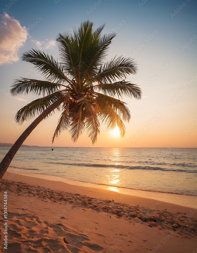 Obraz premium sunset beach. Palm trees over calm sea water, sun rays, colorful sky. Exotic nature view, inspirational and peaceful seascape reflection,summer, beach, palm, sea, ocean, sky, background, sun, travel,3