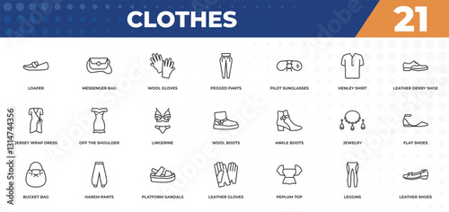 outline icons set - clothes concept. loafer, messenger bag and more.