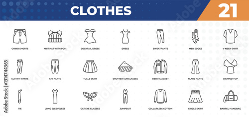outline icons set - clothes concept. chino shorts, knit hat with pom pom and more.