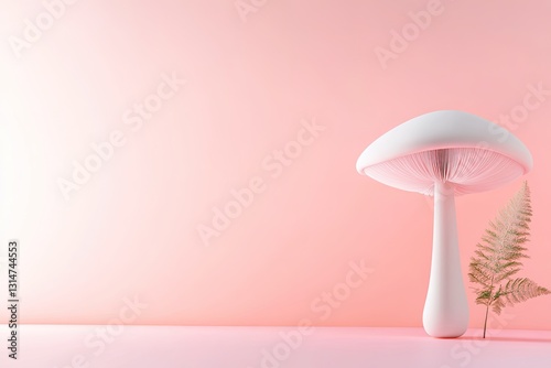 Soft pink backdrop highlights minimalist mushroom lamp and delic