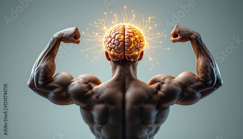 Muscular Man Flexing with Glowing Brain Represents Power and Intelligence