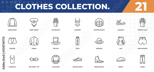 outline icons set - clothes collection. concept. sweatshirt, baby grow and more.