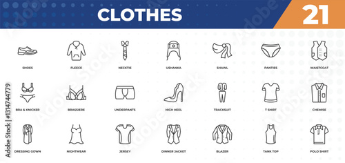 outline icons set - clothes concept. shoes, fleece and more.