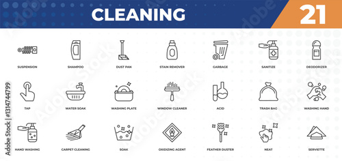 outline icons set - cleaning concept. suspension, shampoo and more.