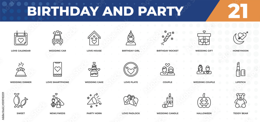 Fototapeta outline icons set - birthday and party concept. love calendar, wedding car and more.