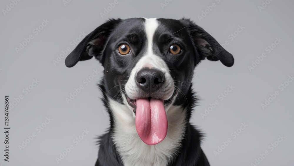 Portrait of a hungry dog licking its lips with its tongue out, isolated on a white background. Portrait of a hungry dog licking its lips with its tongue out, isolated on a white background.