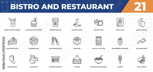 outline icons set - bistro and restaurant concept. open tin with spoon, cupcake with cherry and more.