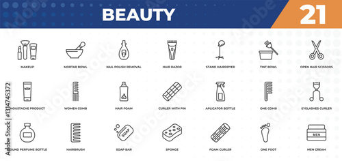 outline icons set - beauty concept. makeup, mortar bowl and more.