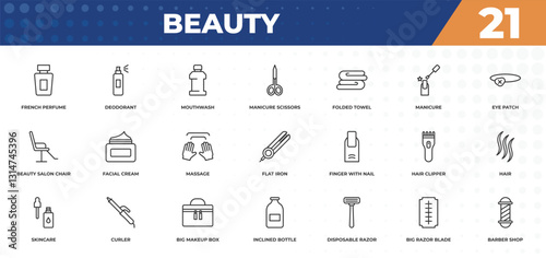 outline icons set - beauty concept. french perfume, deodorant and more.