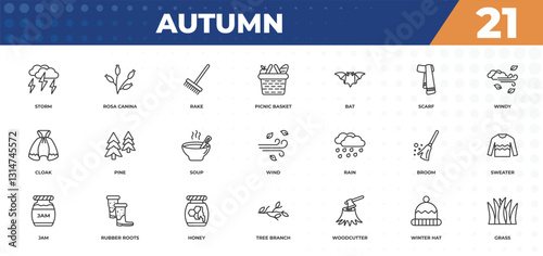 outline icons set - autumn concept. storm, rosa canina and more.