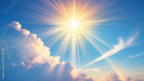 Miraculous Heavenly Light - A blue sky filled with fluffy clouds and a radiant sun shining down, depicting a divine presence.