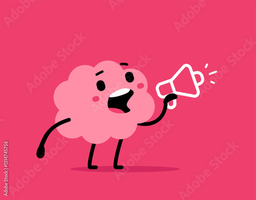 Vector communication illustration of cute happy brain with loudspeaker on pink color background. Flat doodle style cartoon design of smile lead brain character speak or scream into megaphone