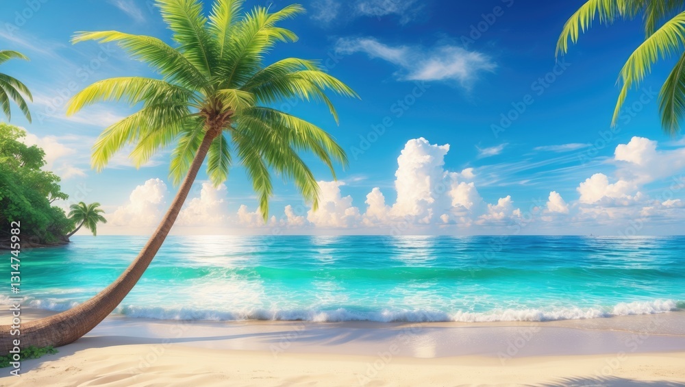 Obraz premium Palm tree on tropical beach with blue sky and white clouds as an abstract background.