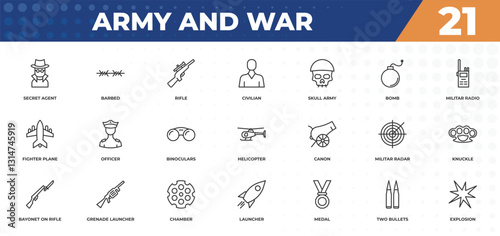 outline icons set - army and war concept. secret agent, barbed and more.