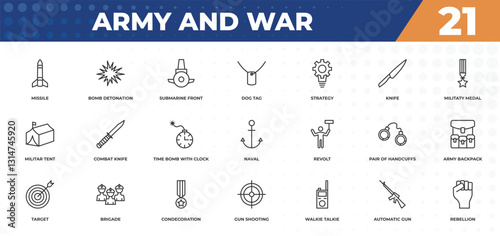 outline icons set - army and war concept. missile, bomb detonation and more.