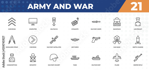 outline icons set - army and war concept. chevrons, computer and more.