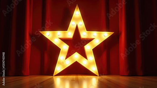 Image of a golden star featuring light bulbs on a curtain in a stage setting.