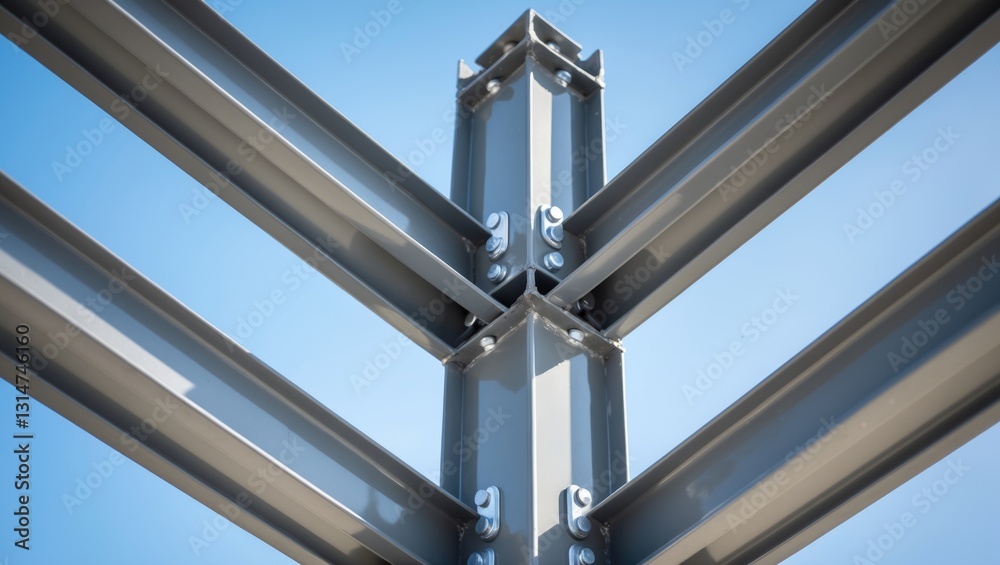 Obraz premium Mounting bolted connection of steel beams prior to welding. Metal construction coated with protective gray primer. Close-up.