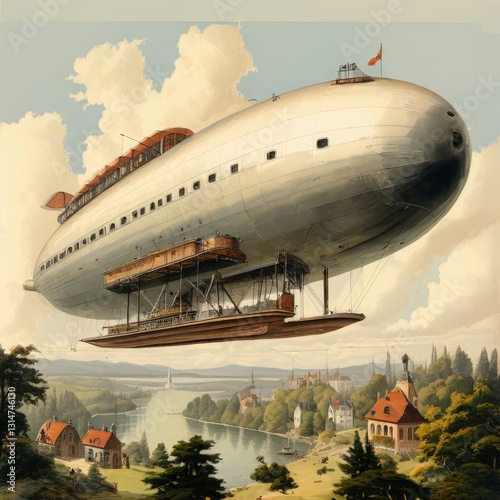 an AI Image Generator, Airship Flying Over Scenic Landscape at Sunset