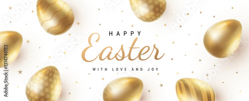 Vector holiday illustration with realistic shine golden egg with pattern on white background with word Happy Easter. 3d cartoon style design of different golden egg for holiday easter hunt banner