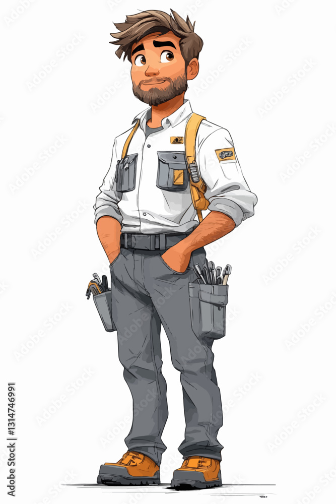 Illustration of a confident young handyman or technician wearing a utility uniform with tool pockets and a backpack. A professional and skilled tradesman character Illustration of a confident young handyman or technician wearing a utility uniform with tool pockets and a backpack. A professional and skilled tradesman character