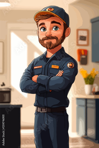 Illustration of a friendly and confident service technician in a navy blue uniform and cap, standing with arms crossed in a home setting. A professional and approachable character