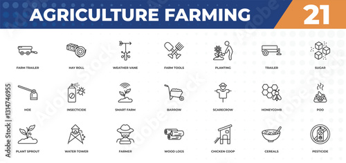 outline icons set - agriculture farming concept. farm trailer, hay roll and more.