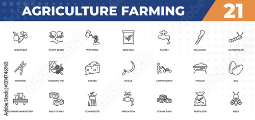 outline icons set - agriculture farming concept. vegetable, plant seeds and more.