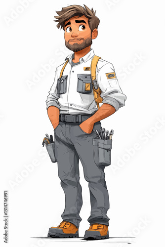 Illustration of a confident young handyman or technician wearing a utility uniform with tool pockets and a backpack. A professional and skilled tradesman character