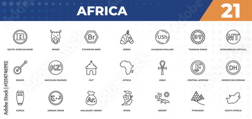 outline icons set - africa concept. south african rand, rhino and more.