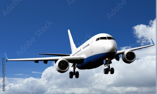 White and Blue Airplane in Flight Above Fluffy Clouds