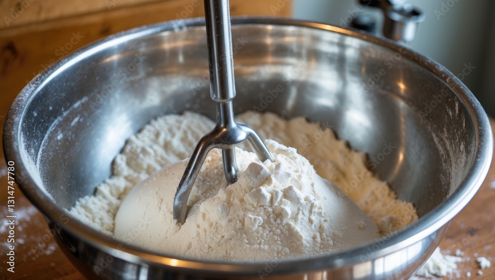 Creating a pizza background. Mixing pizza dough flour. Kneading machine. Bakery mixer for cooking. Kitchen utensil. Creating a pizza background. Mixing pizza dough flour. Kneading machine. Bakery mixer for cooking. Kitchen utensil.