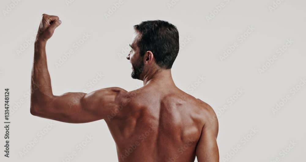 Back, bicep and flexing with shirtless man in studio for exercise, masculinity or strength. Arm, fitness and muscle with body of strong model on white background for training or workout results Back, bicep and flexing with shirtless man in studio for exercise, masculinity or strength. Arm, fitness and muscle with body of strong model on white background for training or workout results