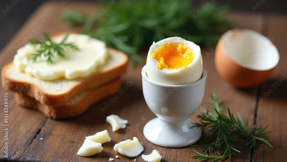 Perfect soft boiled egg and open bread sandwich with butter and dill placed on a table. Traditional food for a healthy breakfast. Perfect soft boiled egg and open bread sandwich with butter and dill placed on a table. Traditional food for a healthy breakfast.