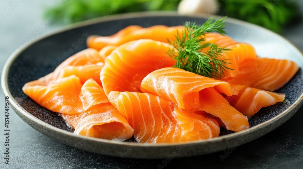 Delicious slices of fresh salmon served on a dark plate with dill sprig for a healthy appetizer or snack option perfect for culinary blogs and seafood recipe websites Delicious slices of fresh salmon served on a dark plate with dill sprig for a healthy appetizer or snack option perfect for culinary blogs and seafood recipe websites