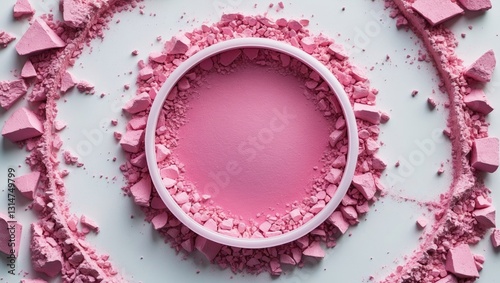 Makeup powder that is crushed and broken on a white background. Texture of crushed powder arranged in a round frame on white.