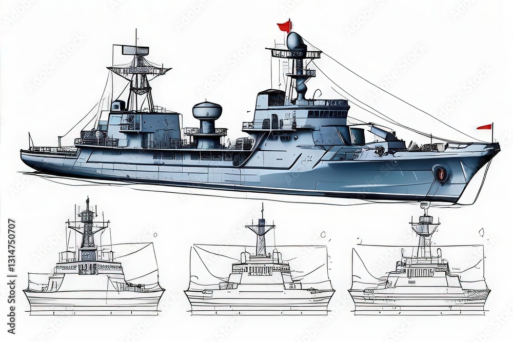Fototapeta premium an AI Image Generator, Rendering of a Naval Warship With Multiple Views