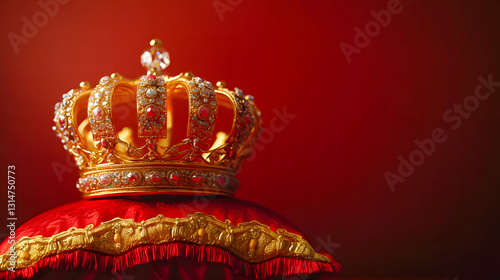 Illustration of Royal golden crown with jewels on golden pillow on red background. Symbols of UK United Kingdom monarchy. Copyspace on the left side of the frame