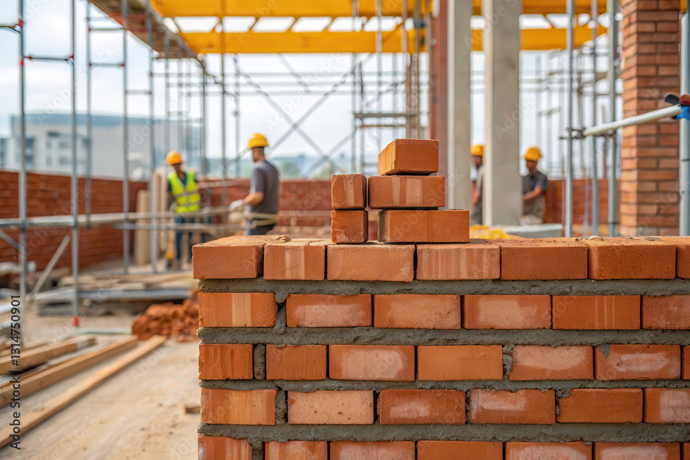 Fototapeta premium brick wall under construction with workers in background at building site