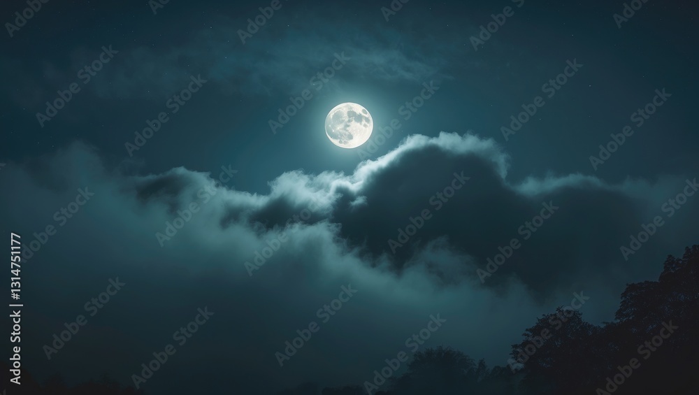 Fototapeta premium Midnight moonlight illuminating clouds in a hazy sky