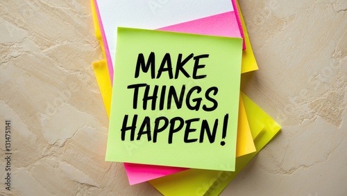 Motivational reminder to Make things happen - handwritten message on a sticky note. photo