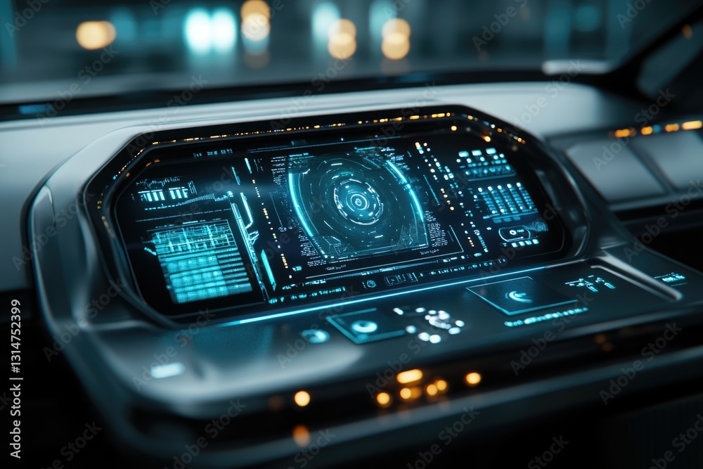 Futuristic car dashboard with a sleek, high-tech interface displaying various data points and controls. Futuristic car dashboard with a sleek, high-tech interface displaying various data points and controls.