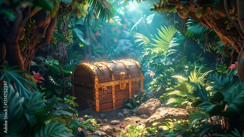 A hidden treasure chest surrounded by lush greenery, illuminated by soft rays of sunlight in a mysterious jungle.