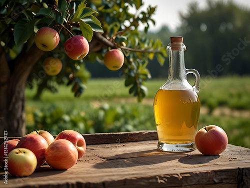 Pichet de cidre naturellement pétillant au milieu des pommes du verger, boisson alcoolisée vendue en direct producteur à la ferme