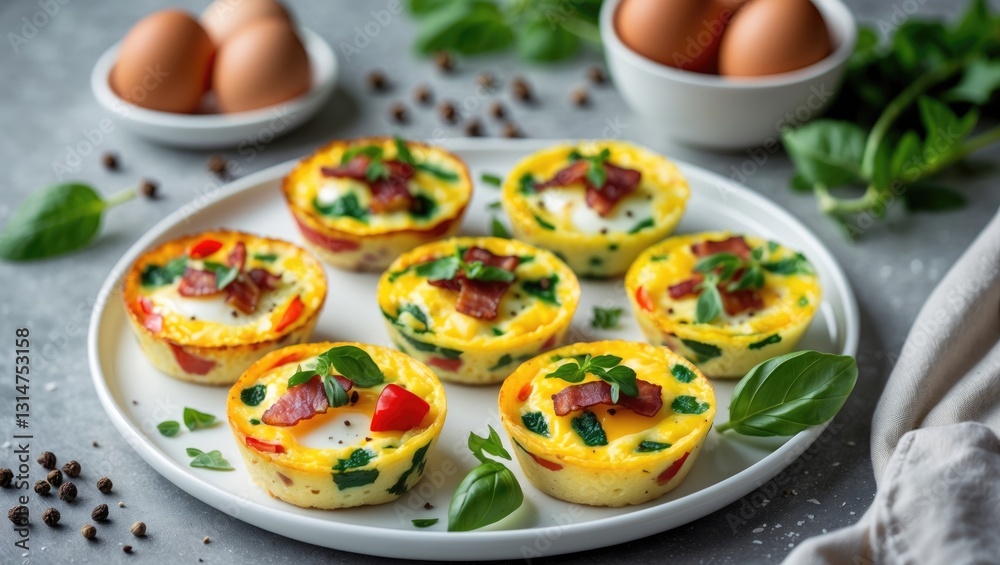 Egg muffins or egg bites featuring bacon, cheese, vegetables, and herbs served on a white plate. Healthy breakfast. Egg muffins or egg bites featuring bacon, cheese, vegetables, and herbs served on a white plate. Healthy breakfast.