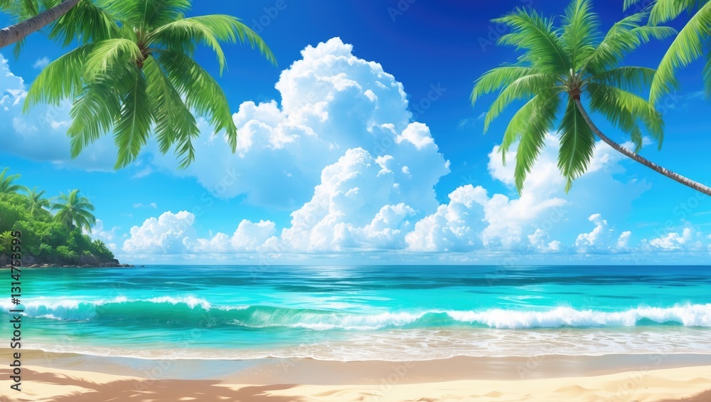 Palm tree on tropical beach with blue sky and white clouds abstract backdrop. Palm tree on tropical beach with blue sky and white clouds abstract backdrop.